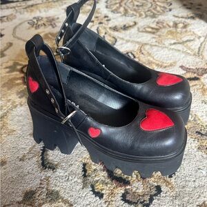 Lamoda Black Platform Mary Jane Pumps with Red Heart Details